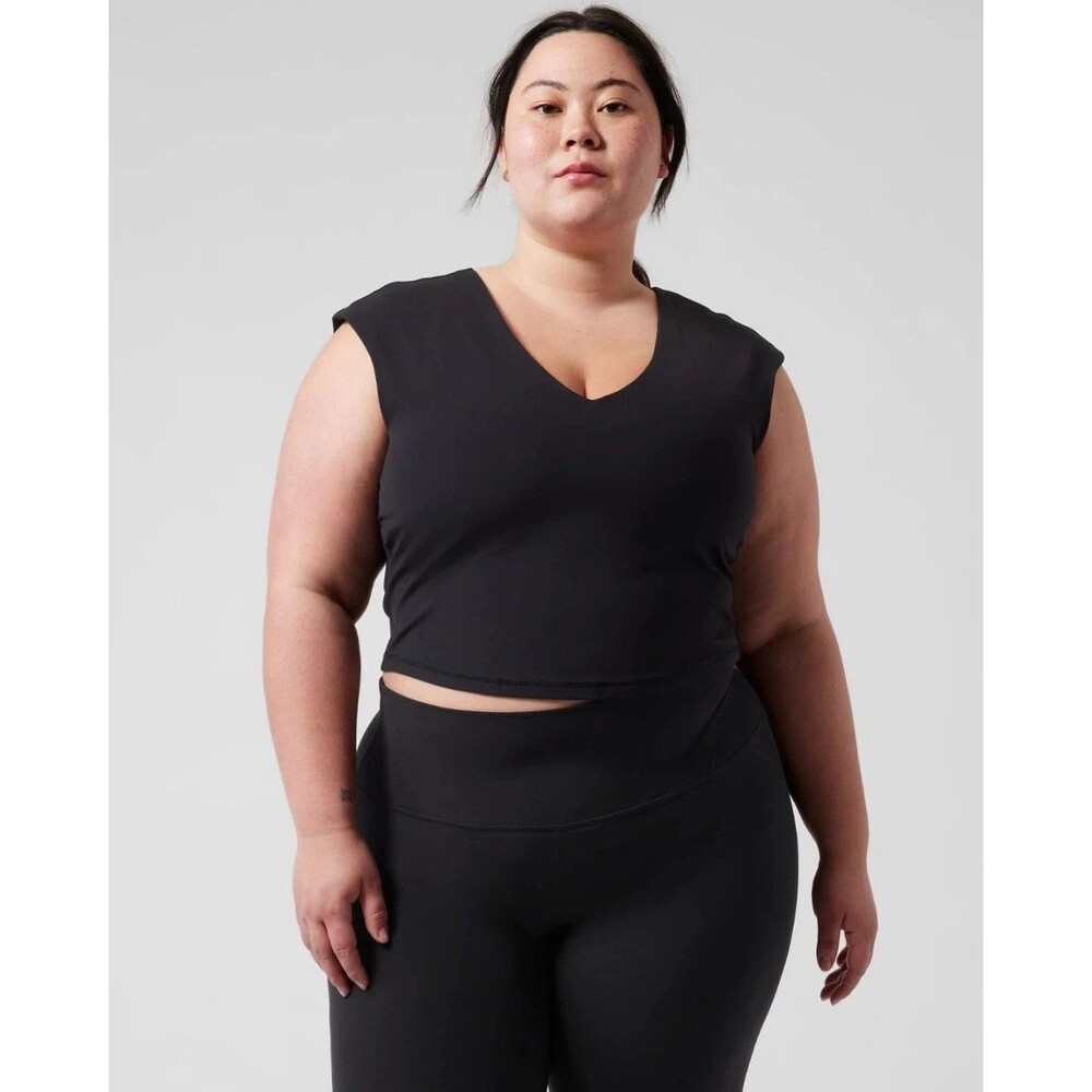 Athleta Black Transcend Cropped Tee Size 3X Stretch NWT V Neck Sleevelesd